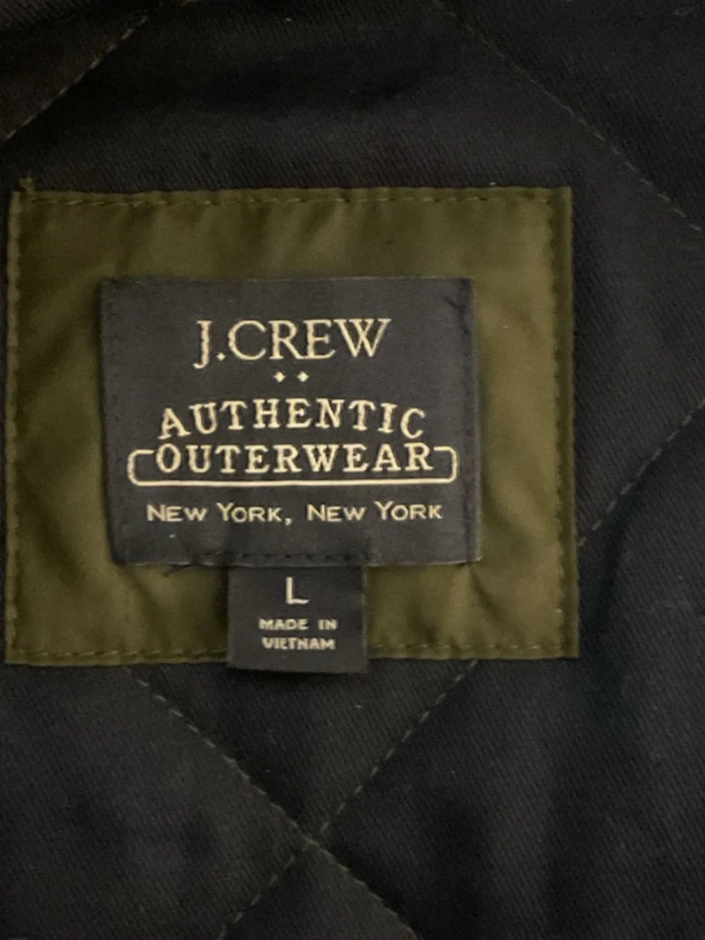 J. Crew Mens Walker Quilted Vest in Olive Green and Navy Blue. Size Large.